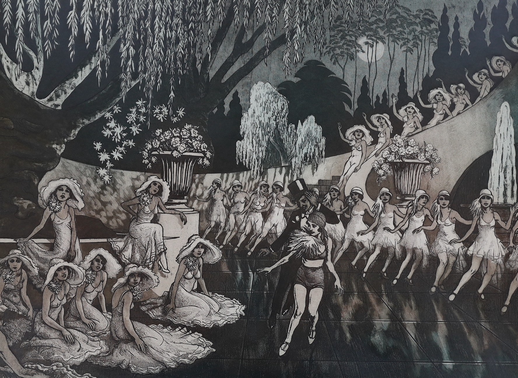 Frank Martin (1921-2005), five limited edition etchings with aquatint, 'All Talking All Singing', 'The Enchanted Lake', 'Barcaville', 'Polanegri' and 'The Brasserie Hoffmann', all signed in pencil and inscribed, largest